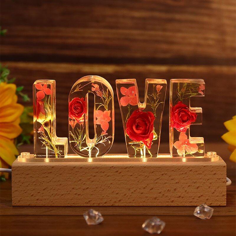 Dried Rose Flowers Resin Letter LOVE Lamp