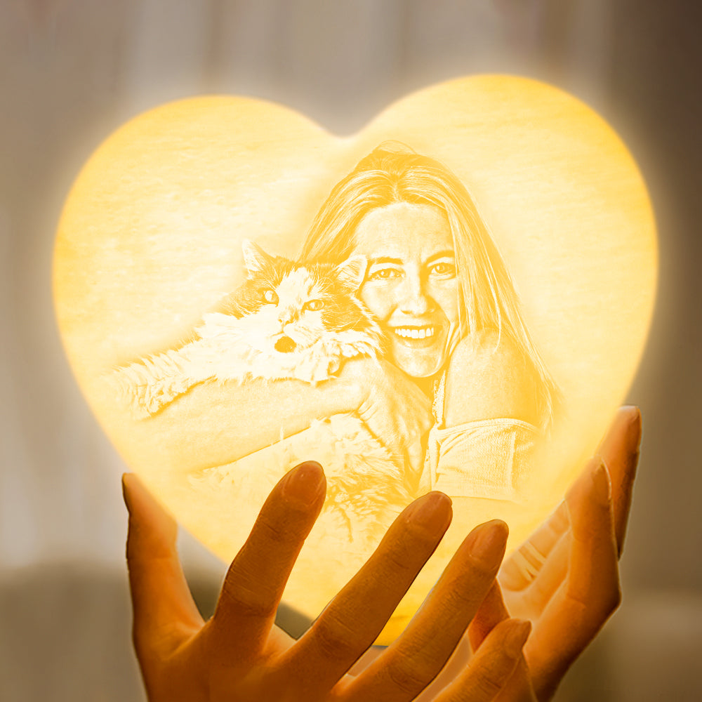 Custom 3D Printing Photo Moon Heart Lamp With Your Text  Gift for Her - Touch Three Colors (12-15cm)