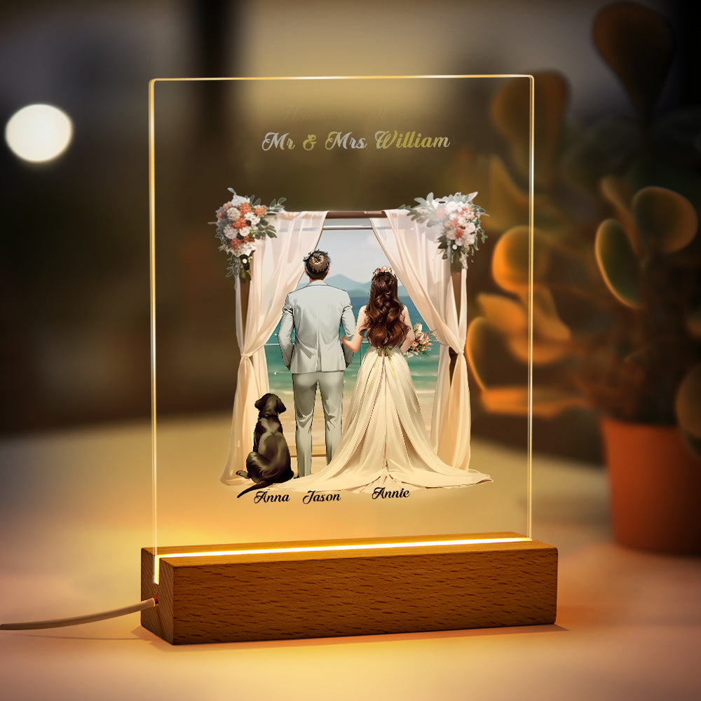 Personalized Bride and Bridegroom Wedding Scene Custom Wearing Hairstyle and Names Plaque Acrylic Lamp