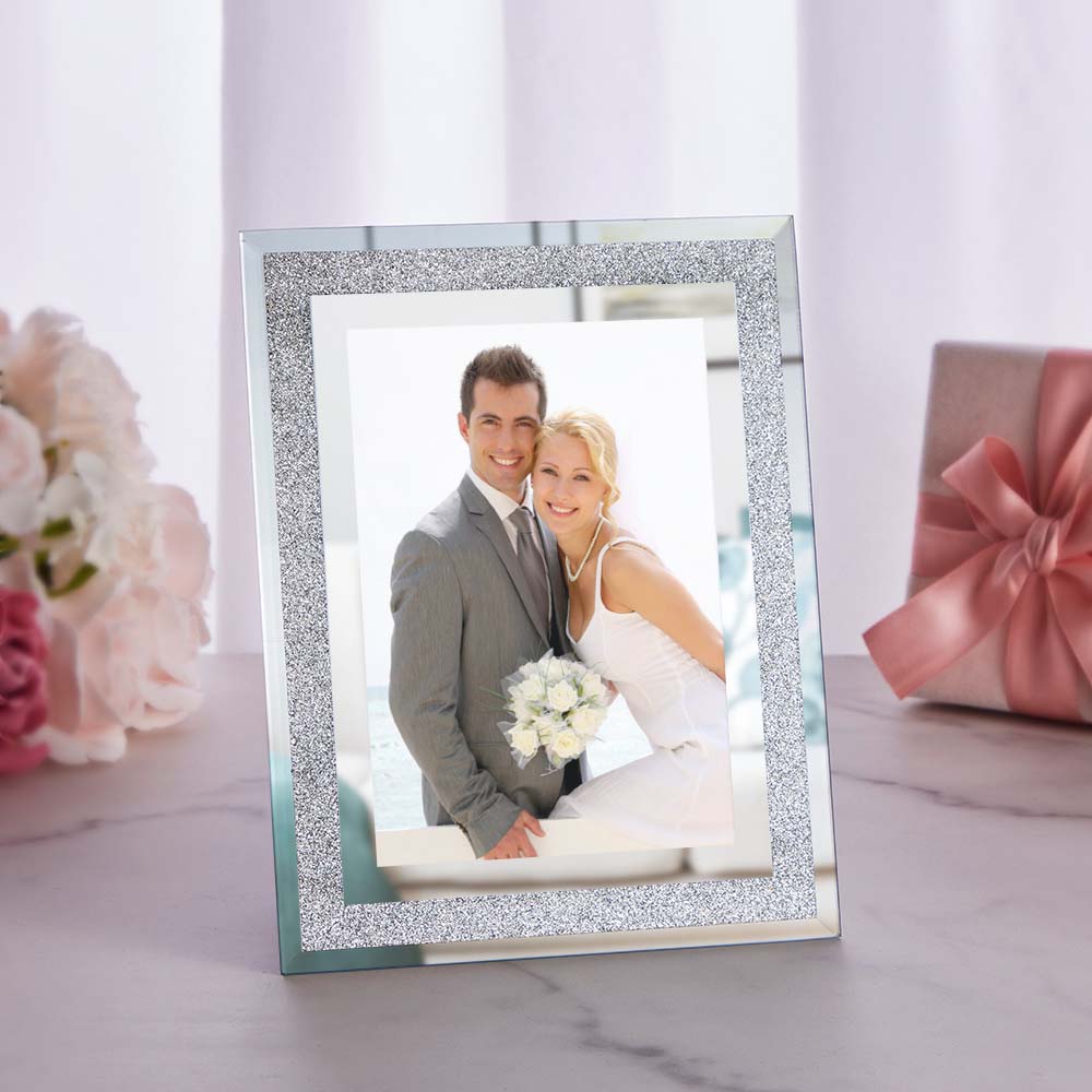 Custom Photo Frame Photo Holder Glass Mirror with Sparkling Crystal Boarder Gift for Her