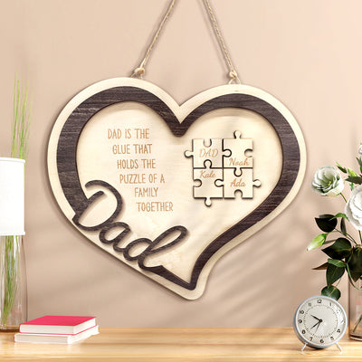 Personalized Wooden Heart Puzzle Sign Father's Day Gift for Dad - photomoonlampuk