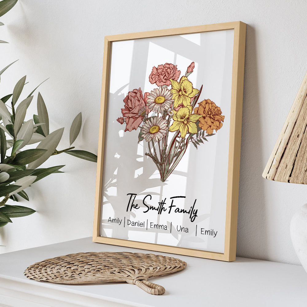 Personalized Birth flower Bouquet Names Frame Gift for Mum