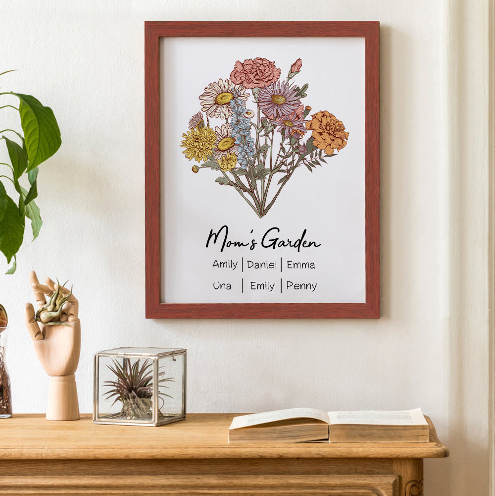 Personalized Birth flower Bouquet Red Wood Names Frame Gift for Mum