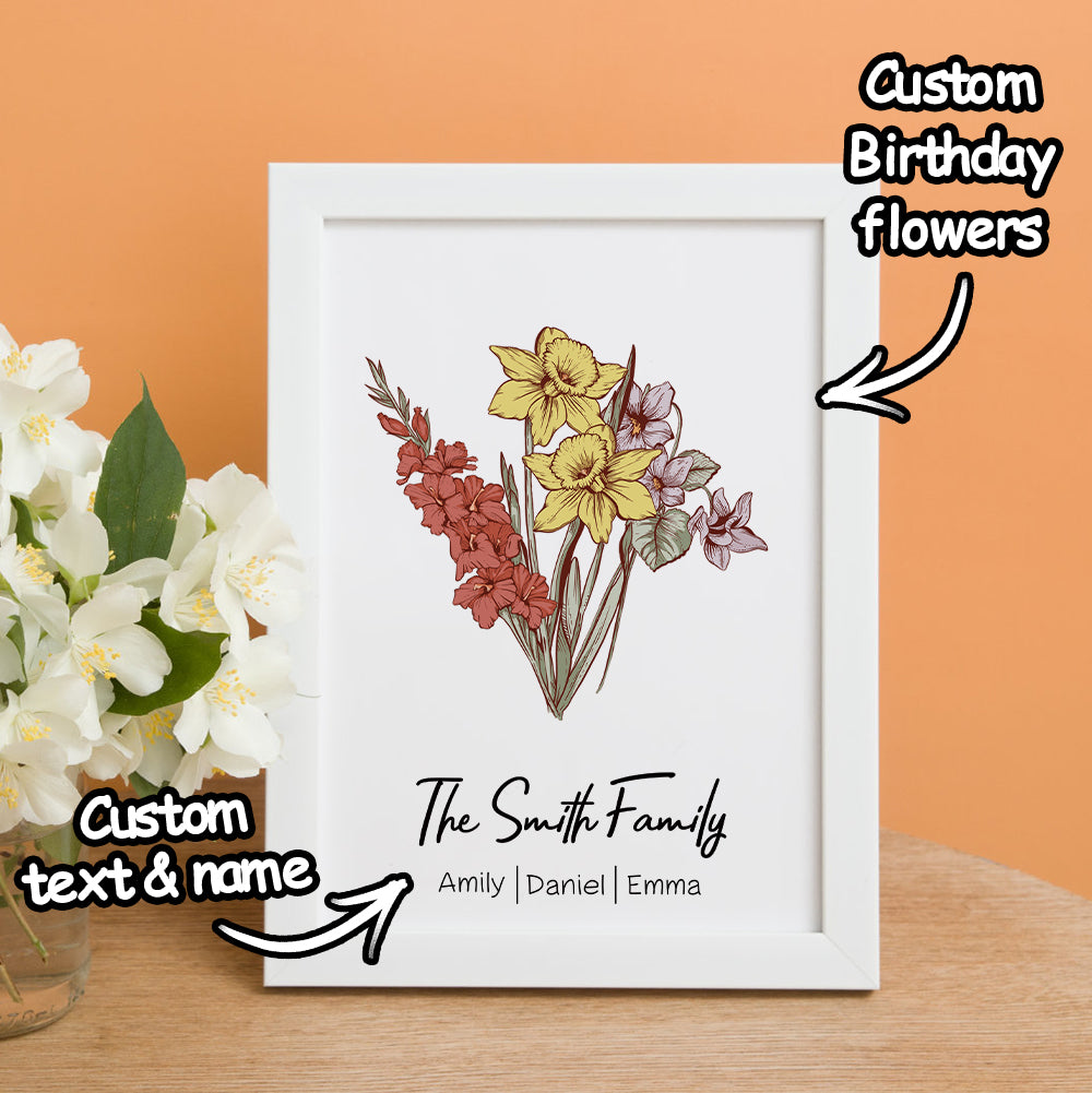 Personalized Birth flower Bouquet White Names Frame Gift for Mum