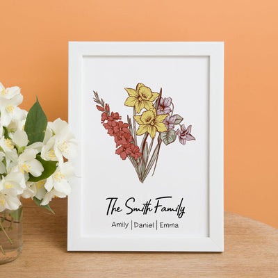 Personalized Birth flower Bouquet White Names Frame Gift for mum - mymoonlampuk