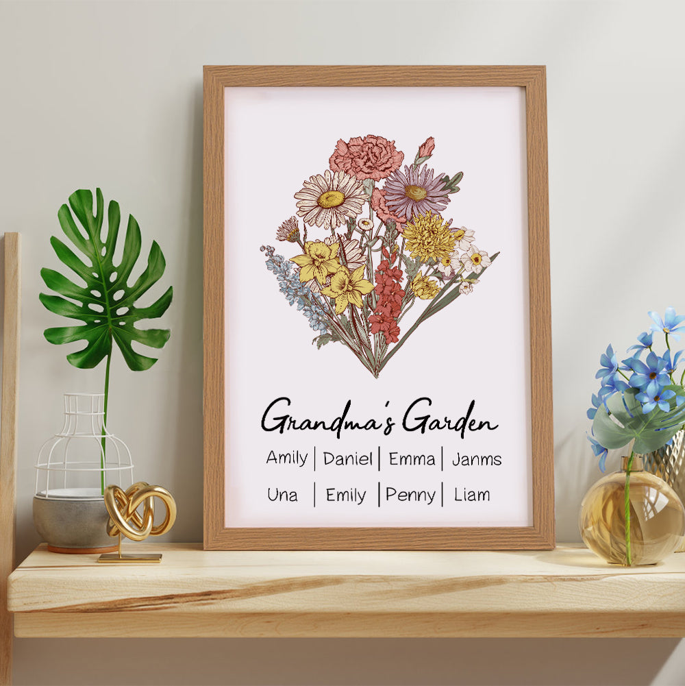 Personalized Birth flower Bouquet Beech Wood Names Frame Gift for Mum