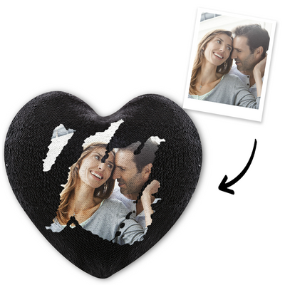 Custom Photo Magic Heart Sequins Pillow - Black