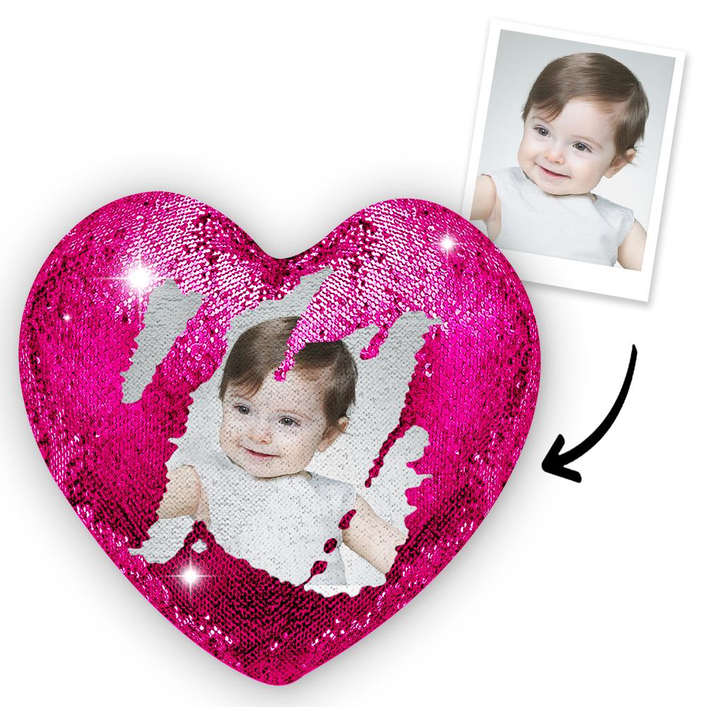 Custom Photo Magic Heart Sequins Pillow - Silver