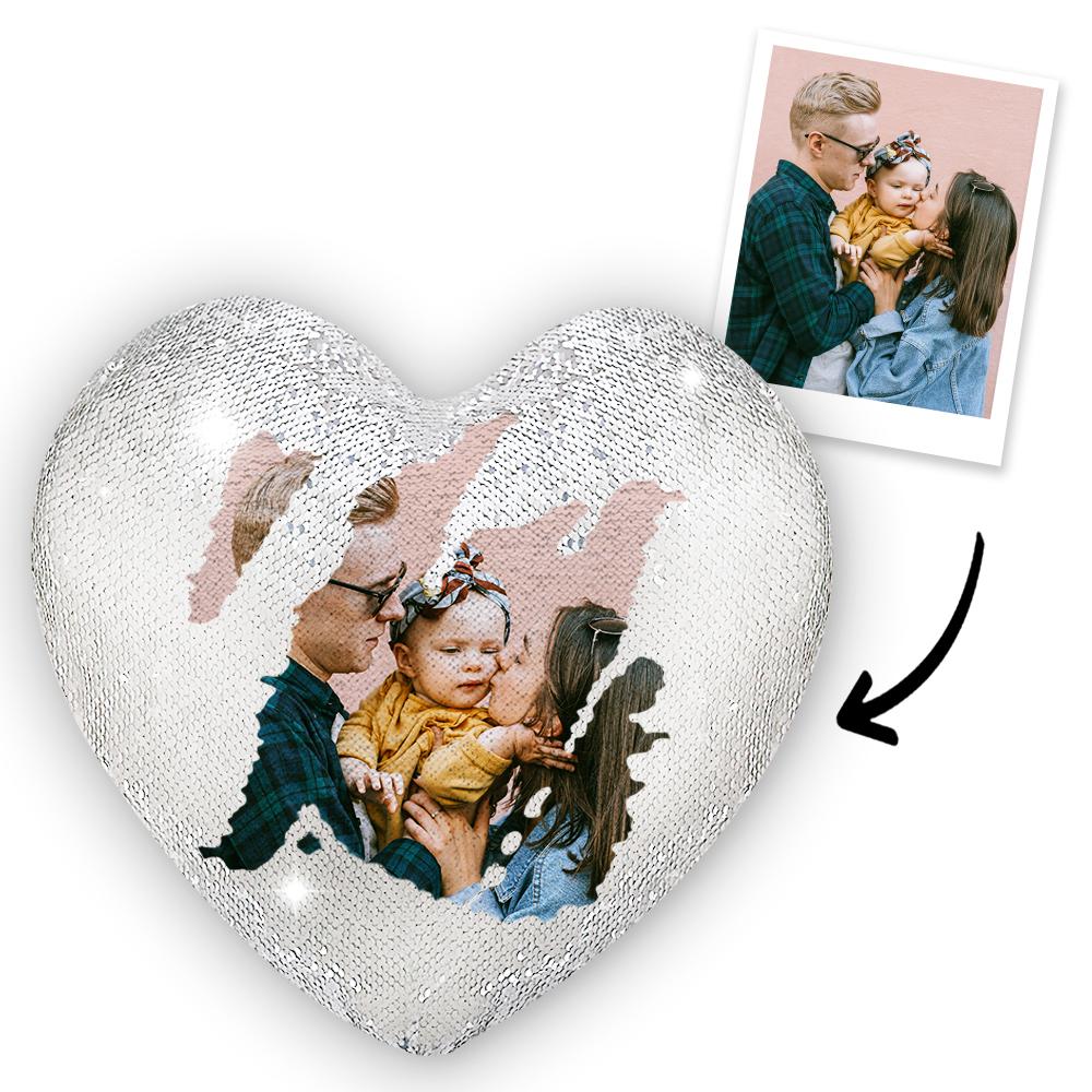 Custom Photo Magic Heart Sequins Pillow - Champaign