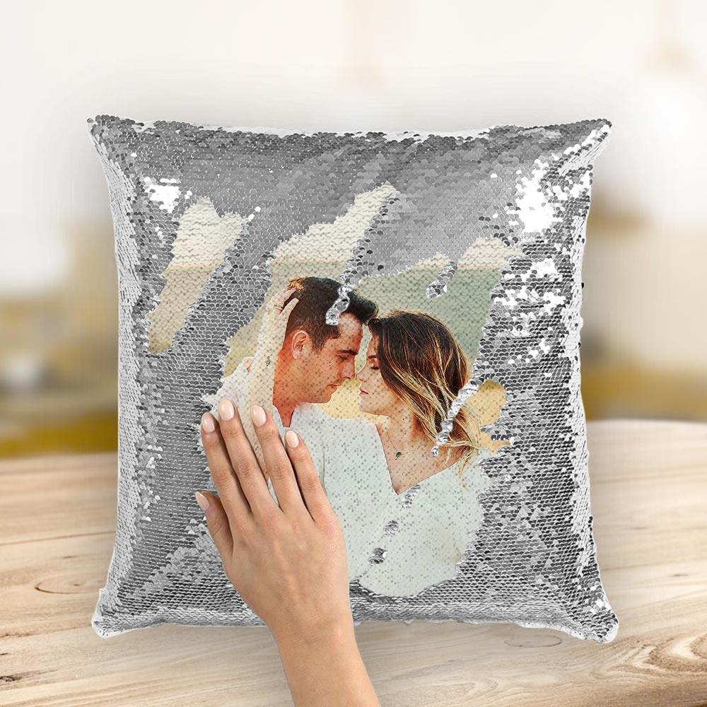 Custom Photo Magic Sequins Pillow - Silver - 15.75in x15.75in