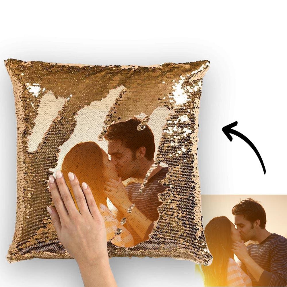 Father‘s Day Gift Custom Photo Magic Sequins Pillow - Yellow - 15.75in x15.75in Gift for Dad