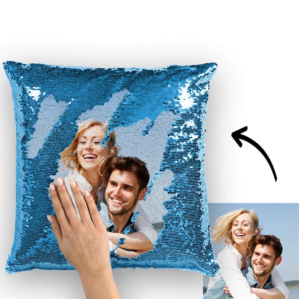 Custom Photo Magic Sequins Pillow - Blue - 15.75in x15.75in