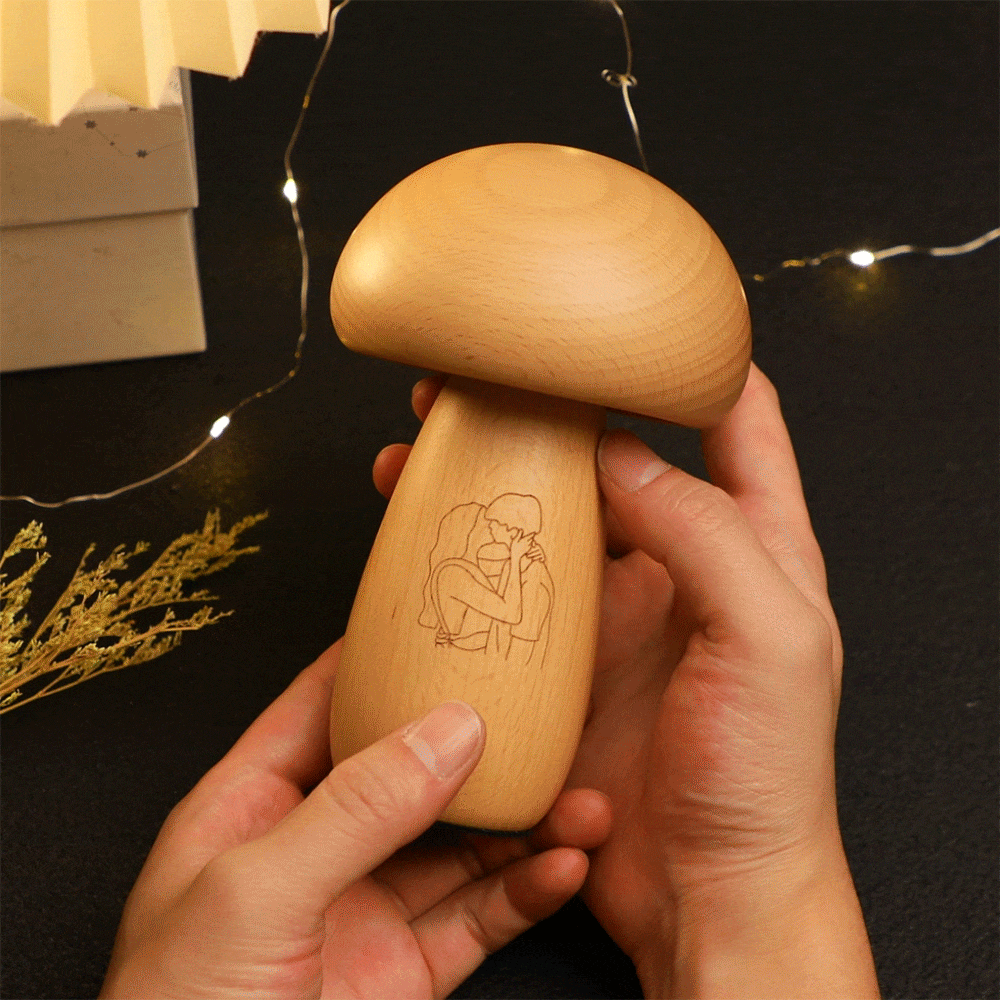 Real Handmade Solid Wood Mushroom Lamp Bedside Ambient Mushroom Night light Cute Little Mushroom Customize photo Gift for Family