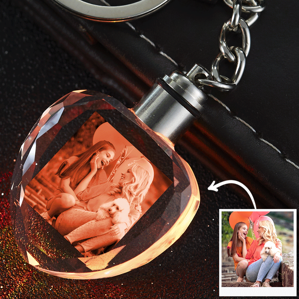 Custom Photo Christmas Gift Heart Shape Crystal Keyring Illuminated Keychain for Lover