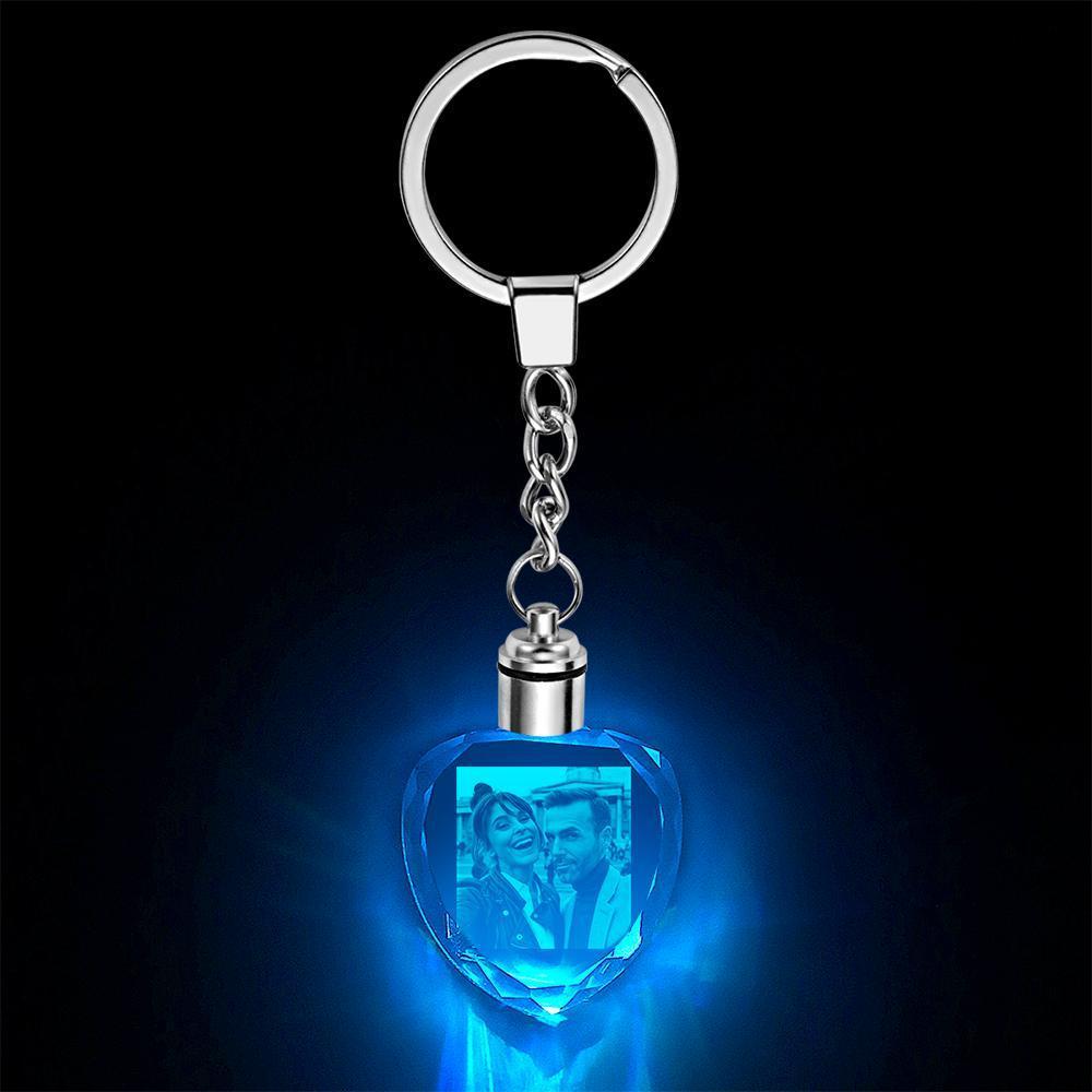 Custom Heart Shape Crystal Key Ring Photo Lighted Crystal Picture Etched LED Keychain Key Rings for Gifts