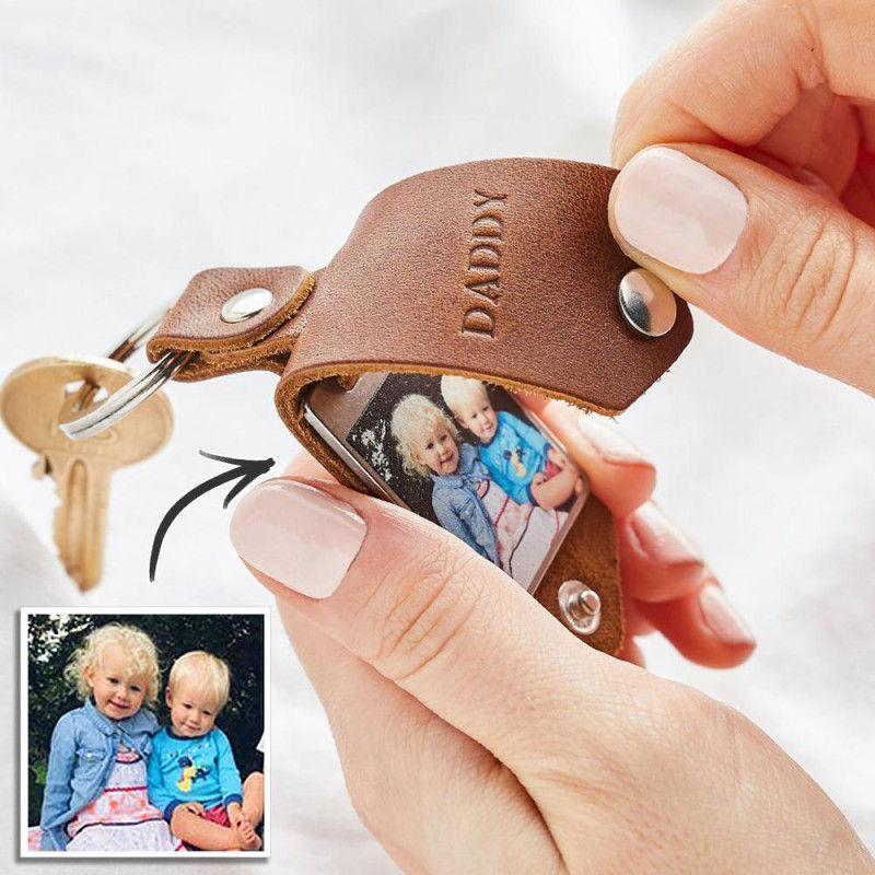 Gift for Dad Custom Photo Keyring Leather Picture Key Chain Personalised Memory Gifts