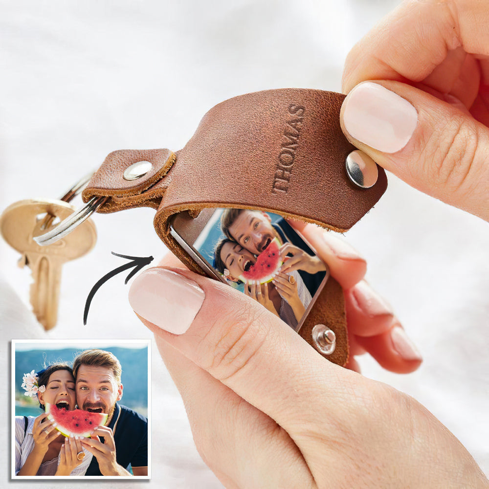 Custom Leather Keyring Gift Photo Keychain Personalised Birthday Gift for Him or Her