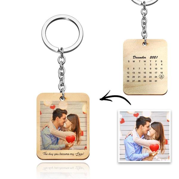 Custom Keychain Personalised Photo and Date Wooden Key Ring  Gift For Him