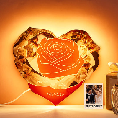 Custom Photo Engraved Night Light Heart Rose Romantic Couple Gifts - photomoonlampuk