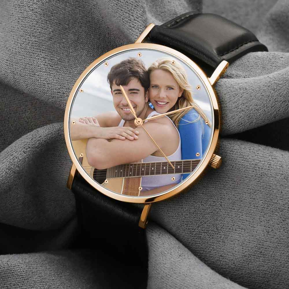 Custom Engraved Photo Watch With Black Leather Strap