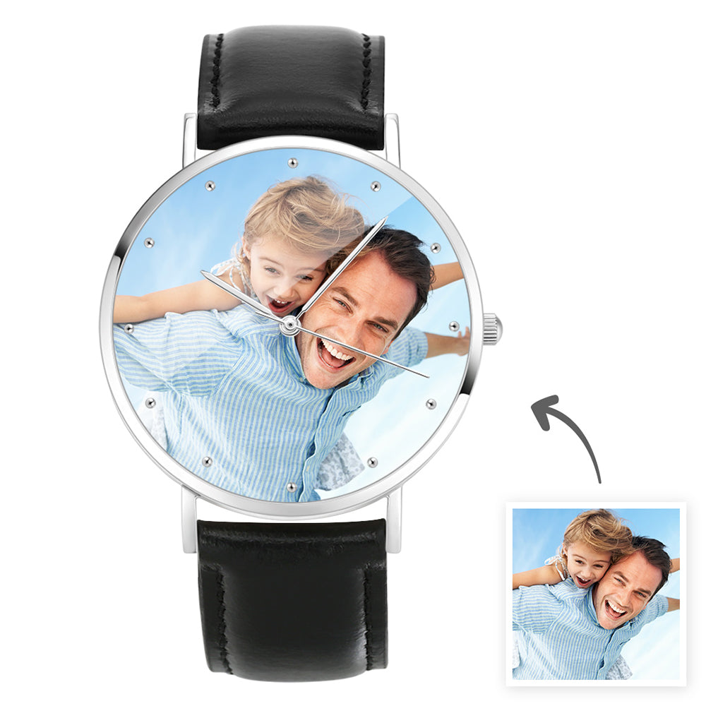 Custom Engraved Photo Watch With Black Leather Strap