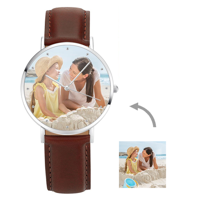 Father's Day Gifts Custom Engraved Silver Photo Watch Brown Leather Strap