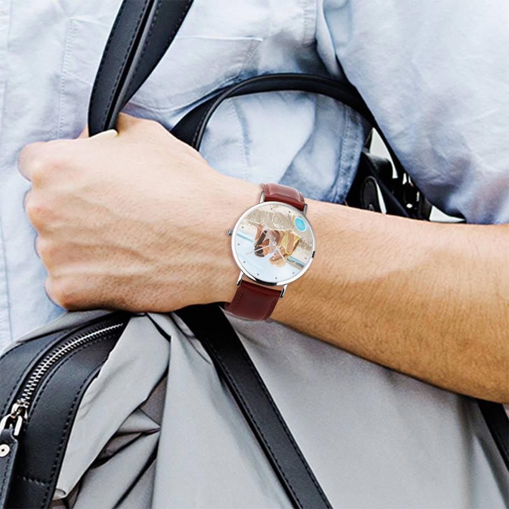 Father's Day Gifts Custom Engraved Silver Photo Watch Brown Leather Strap