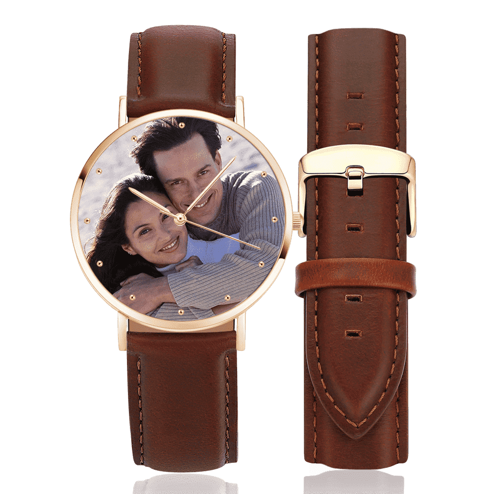 Custom Engraved Rose Gold Photo Watch Brown Leather Strap