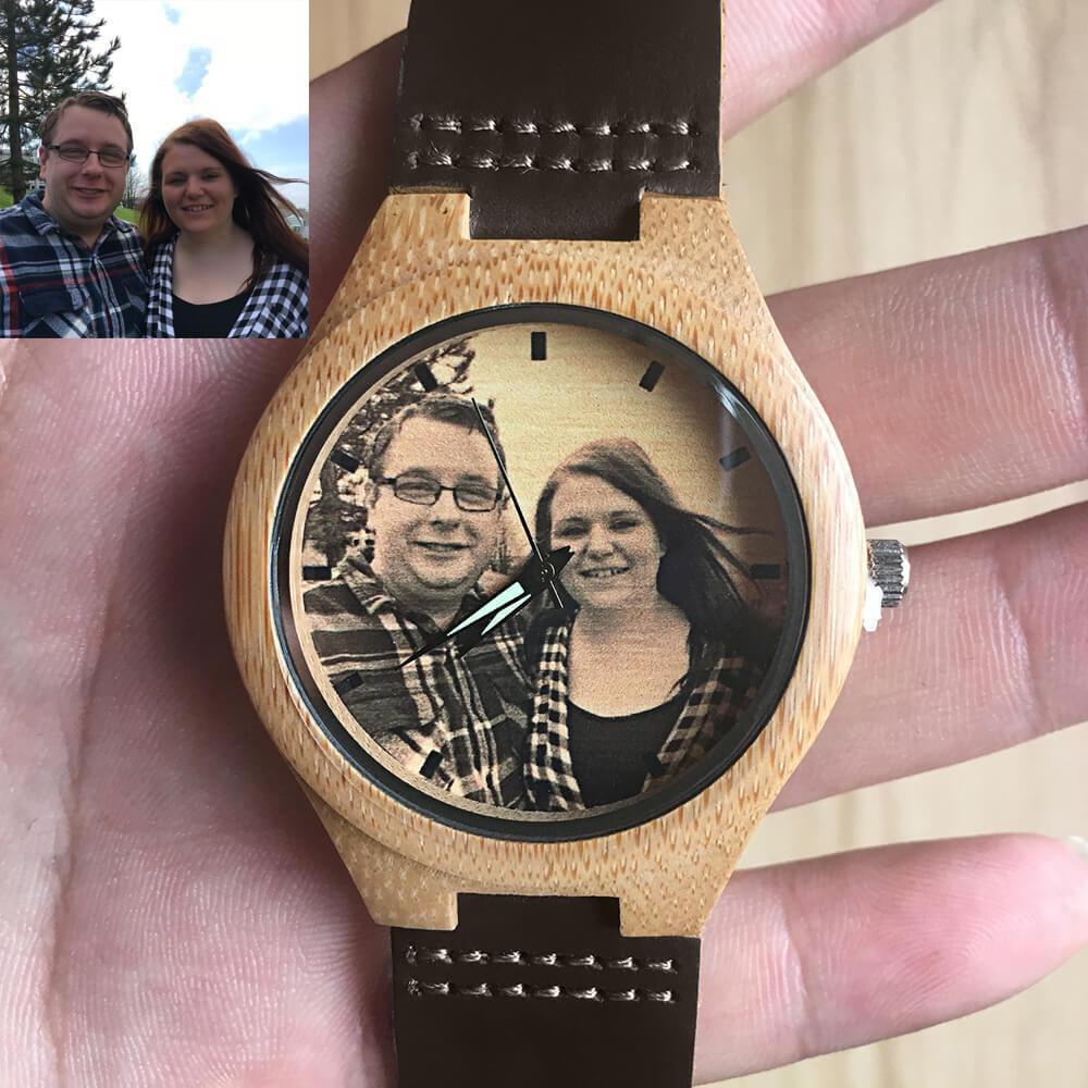 Custom Engraved Wooden Photo Watch With Brown Leather Strap