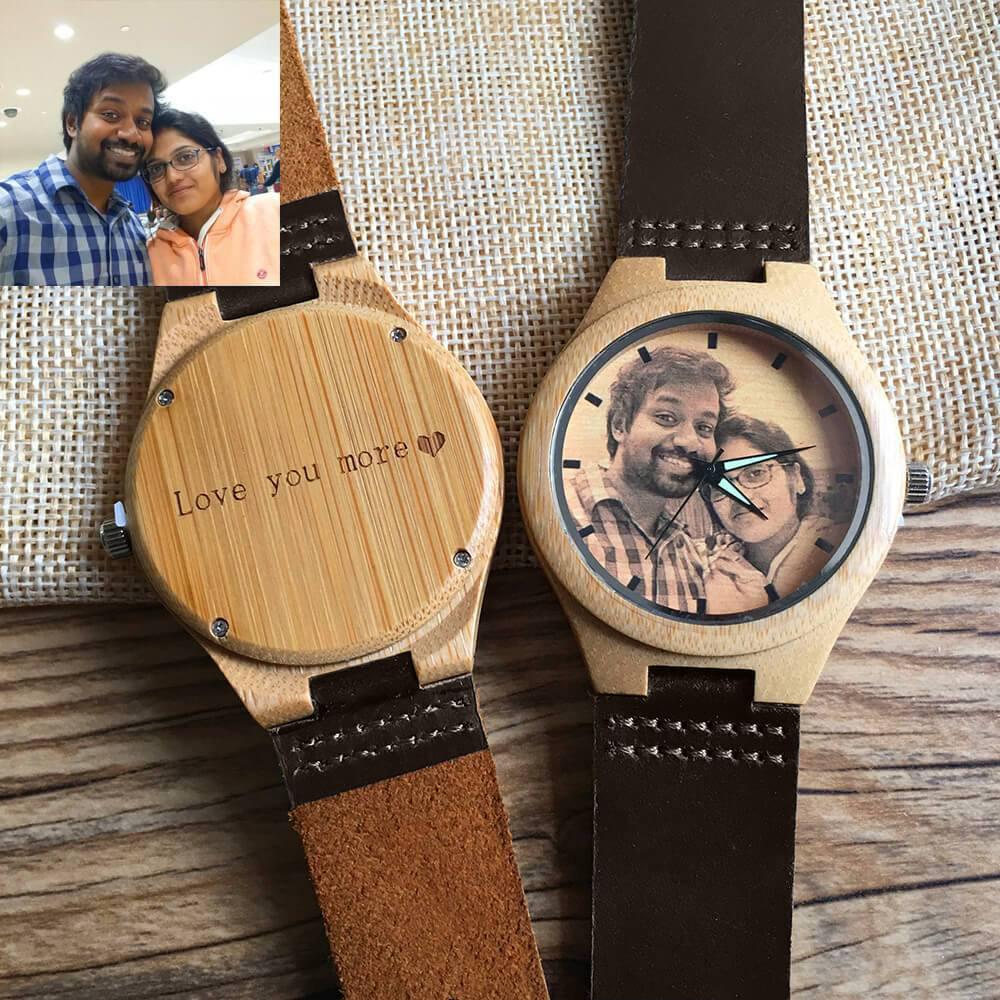 Custom Engraved Wooden Photo Watch With Brown Leather Strap
