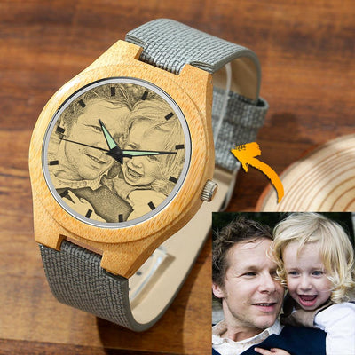 Watch Custom Engraved Wooden Photo Watch Grey Leather Strap