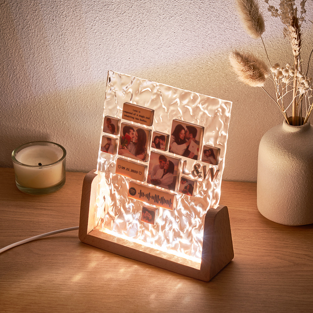 Custom Heart-Shaped Photo Frame Night Light Personalised Spotify Code Wooden Accessory Valentine's Day Gift for Couples