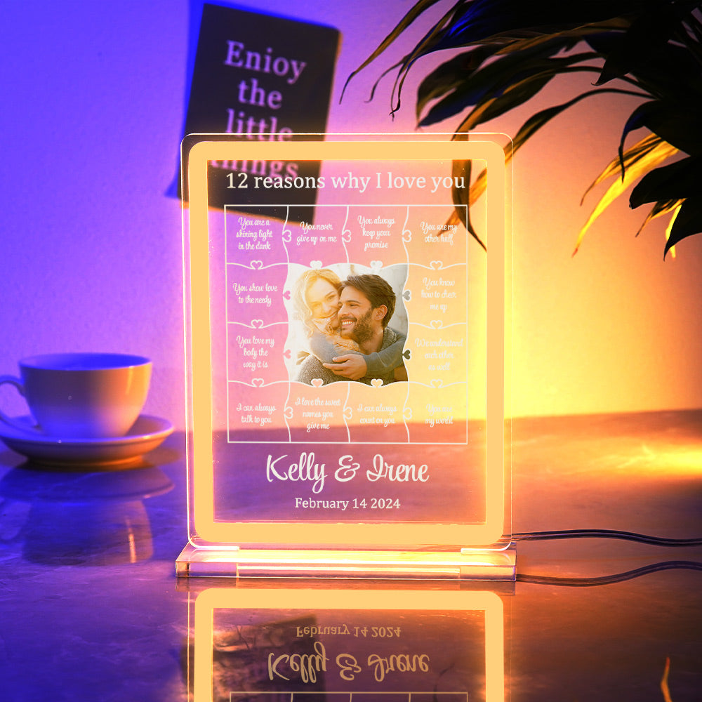 Personalized Photo Acrylic Neon Night Light Romantic Lighting Gifts For Her - 12 Reasons Why I Love You