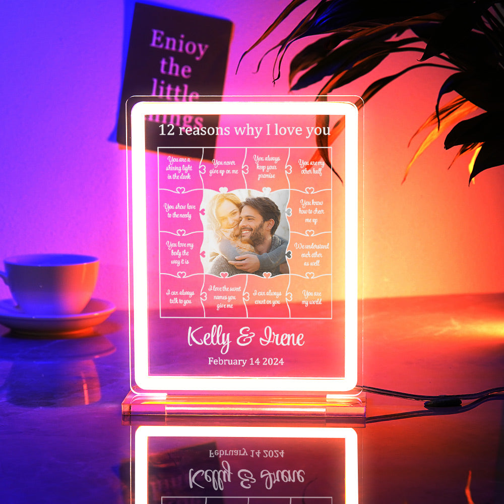 Personalized Photo Acrylic Neon Night Light Romantic Lighting Gifts For Her - 12 Reasons Why I Love You