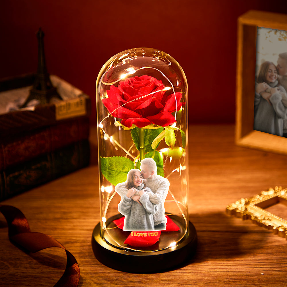 Custom Photo Text Eternal Rose Flower LED Night Light Romantic Simulation Eternal Rose Flower Glass Cover for Anniversary and Valentine's Day