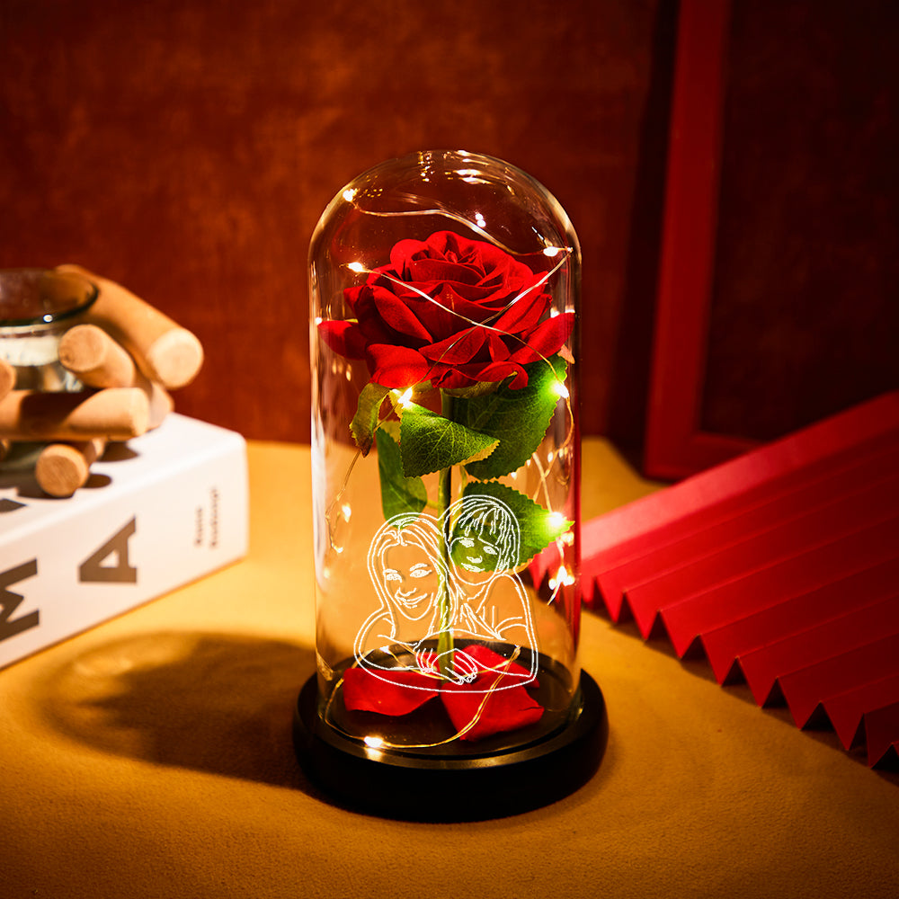 Custom Photo Line Drawing Eternal Rose Flower LED Night Light Romantic Simulation Eternal Rose Flower Glass Cover for Anniversary and Mother's Day