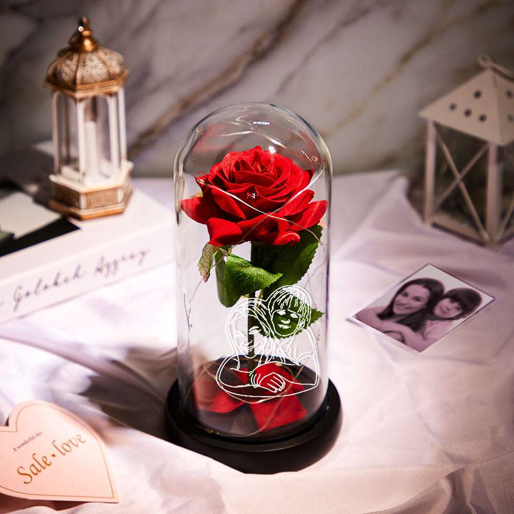 Custom Photo Line Drawing Eternal Rose Flower LED Night Light Romantic Simulation Eternal Rose Flower Glass Cover for Anniversary and Mother's Day