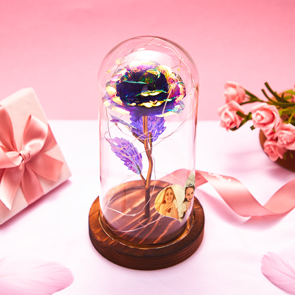 Custom Heart-shaped Photo Eternal Colorful Rose Flower LED Night Light Romantic Simulation Eternal Rose Flower Glass Cover for Anniversary and Mother's Day