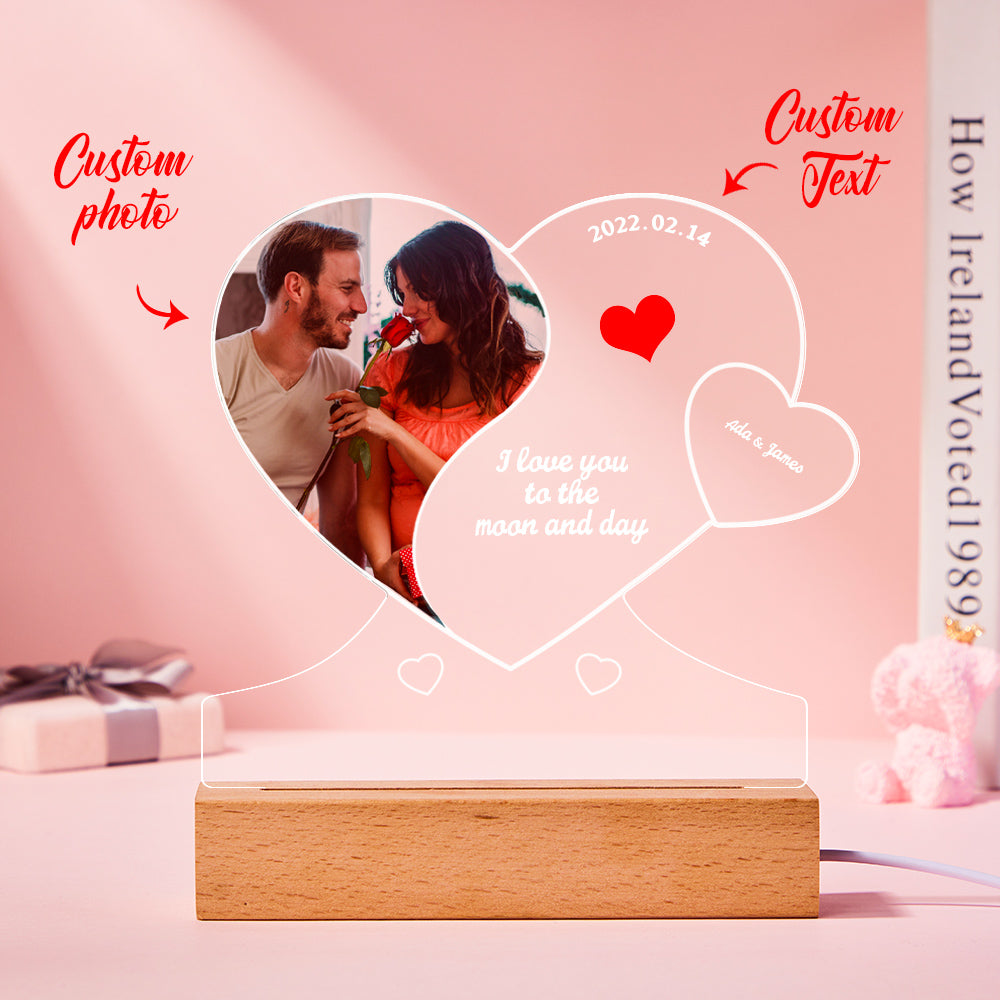 Custom Photo Engraved Night Light Double Heart-shaped Acrylic Lamp Gift for Lover