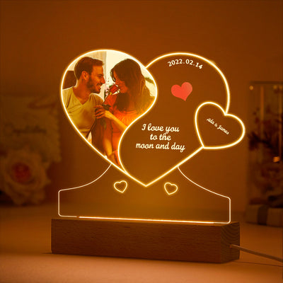 Custom Photo Engraved Night Light Double Heart-shaped Acrylic Lamp Gift for Lover