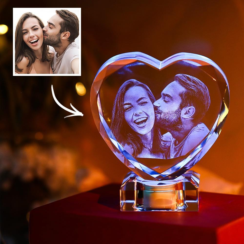 Heart Crystal Photo Frame with Light Up LED Base Exclusive Large Photo Crystal Heart Laser