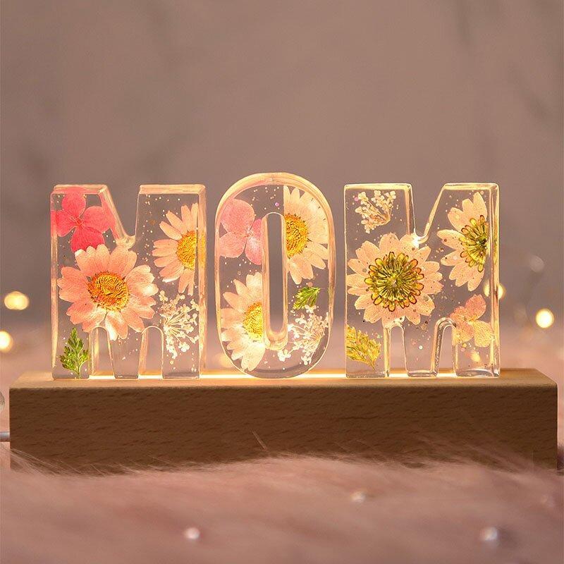 Personalised Dried Flowers Resin Lamp Decor  Mother's Day  Gift Childrens Night Light