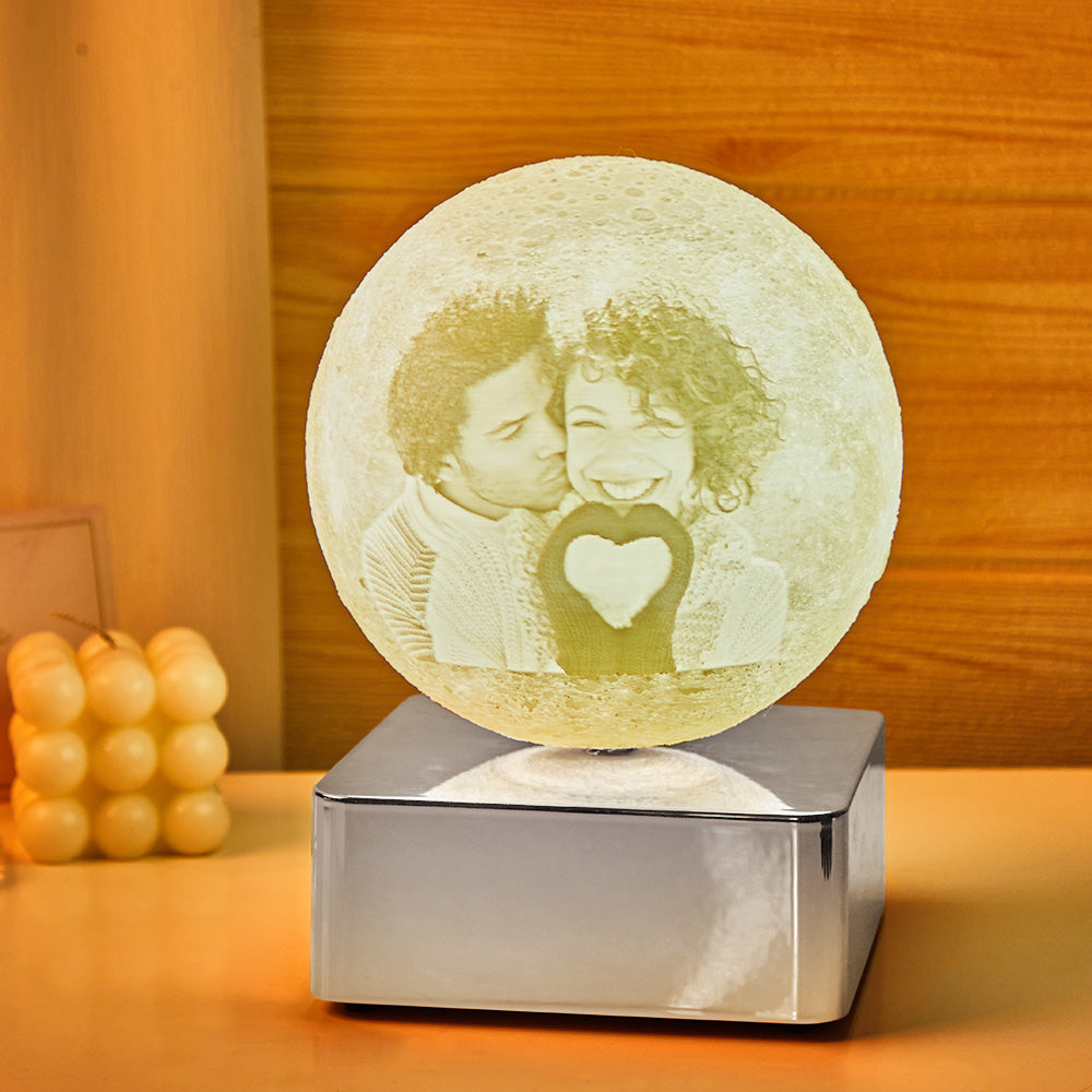 Personalised Photo Moon Lamp with Back Engraved Text For Couple Night Light with Bluetooth Silver Base