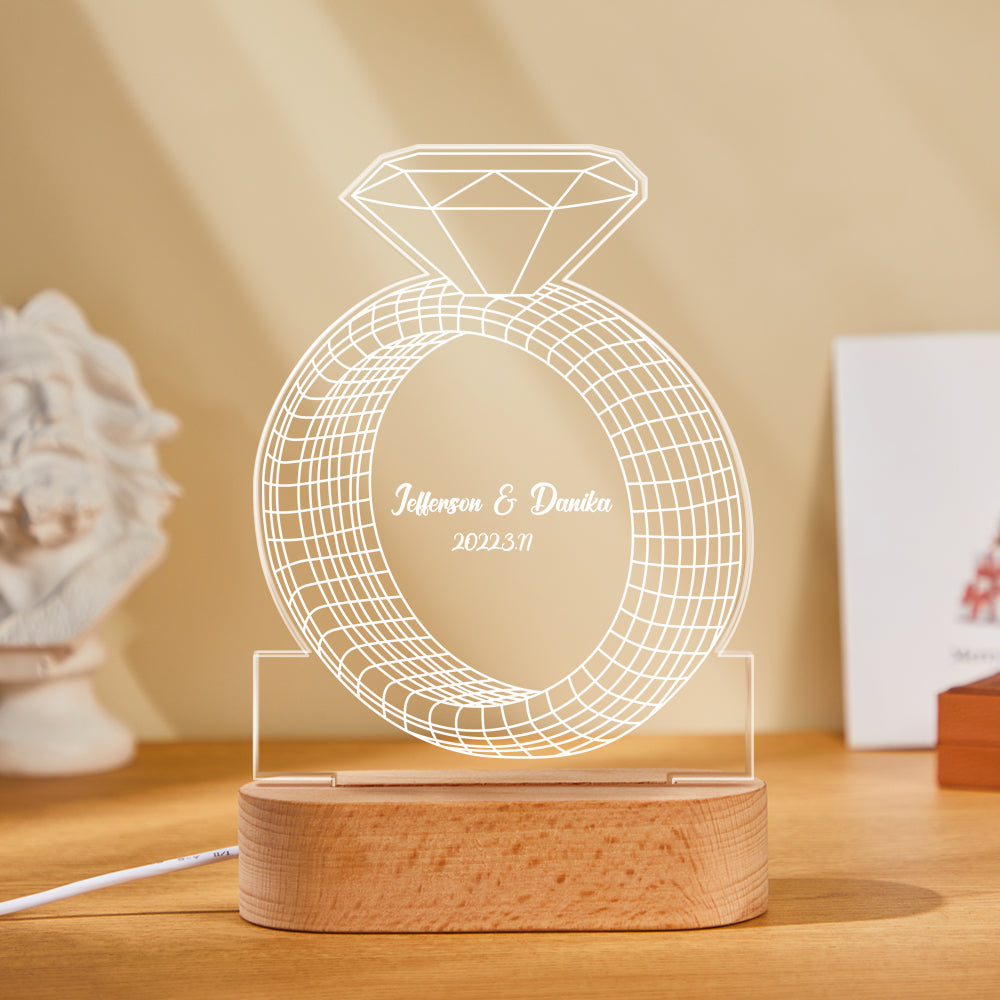 Personalized Text Diamond Ring Colorful Lamp Custom Acrylic 3D Printed Night Light Proposal Anniversary Day Gift