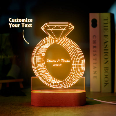 Personalized Text Diamond Ring Colorful Lamp Custom Acrylic 3D Printed Night Light Proposal Anniversary Day Gift - photomoonlampuk