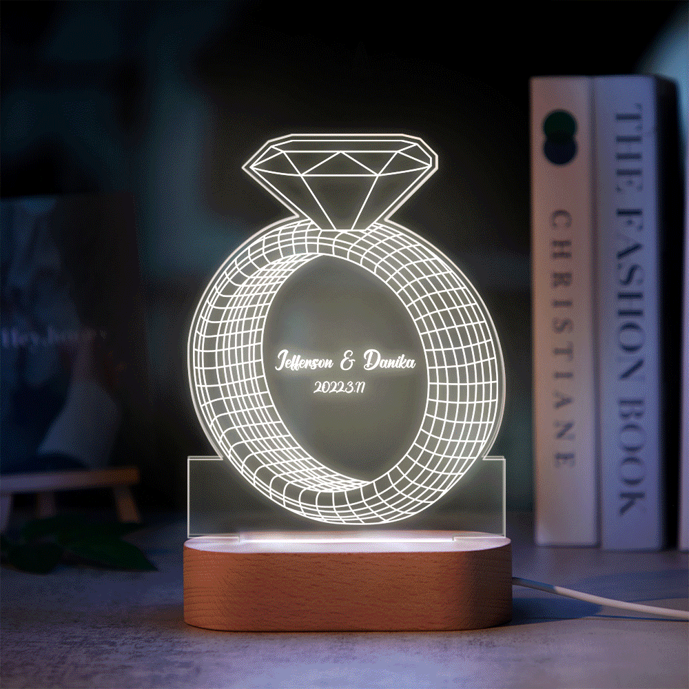 Personalized Text Diamond Ring Colorful Lamp Custom Acrylic 3D Printed Night Light Proposal Anniversary Day Gift