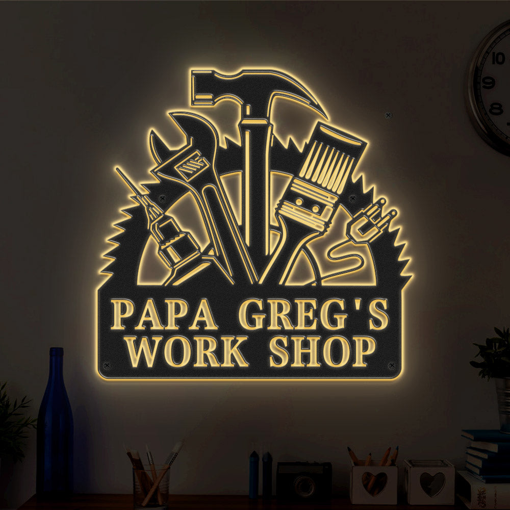 Custom Workshop Metal Sign Personalized LED Lights Wall Art Decor Father's Day Gift
