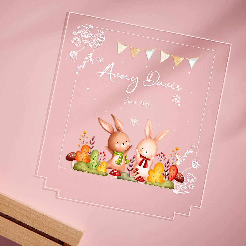 Custom Name Snd Date Forest Rabbit Acrylic Night Light Nursery Room Lamp Gift for Girl