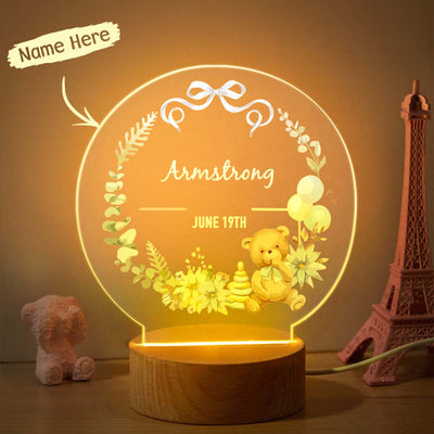 Custom Cute Bear Kids Bedside Lamp Personalized Name Balloons And Flowers Acrylic Night Light - photomoonlampuk