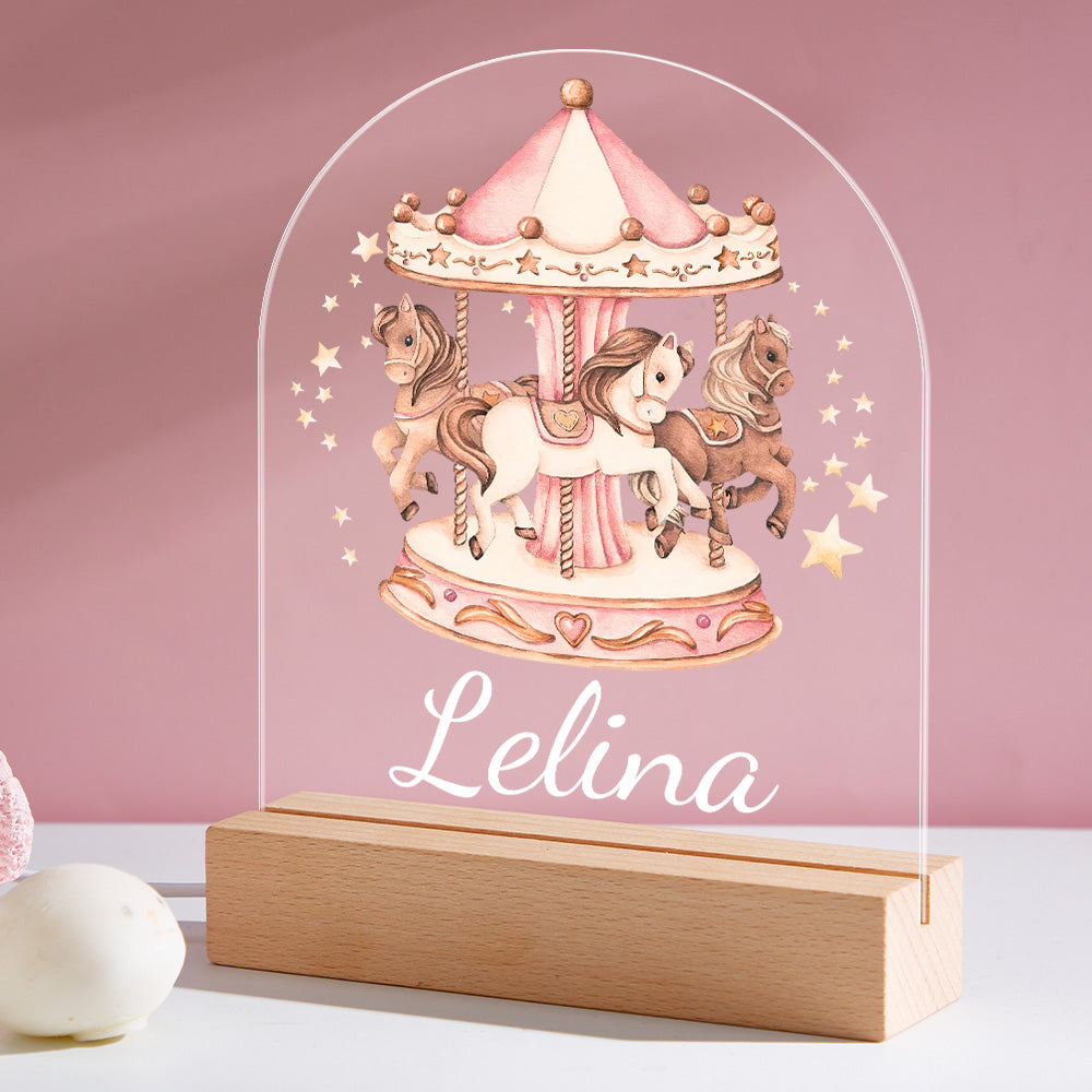 Custom Name Nursery Night Light Personalised Pink Horse Carousel For Newborn Night Light baby Birthday Gift